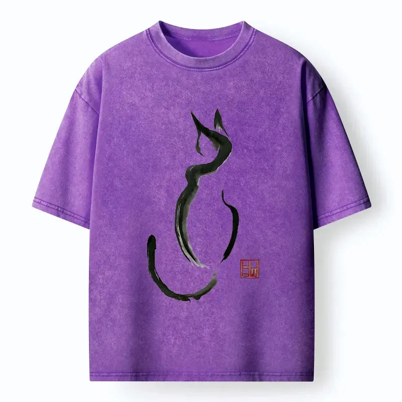 Kyoto-Lion Minimalist Cat Ink Washed T-Shirt