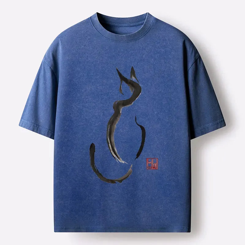 Kyoto-Lion Minimalist Cat Ink Washed T-Shirt