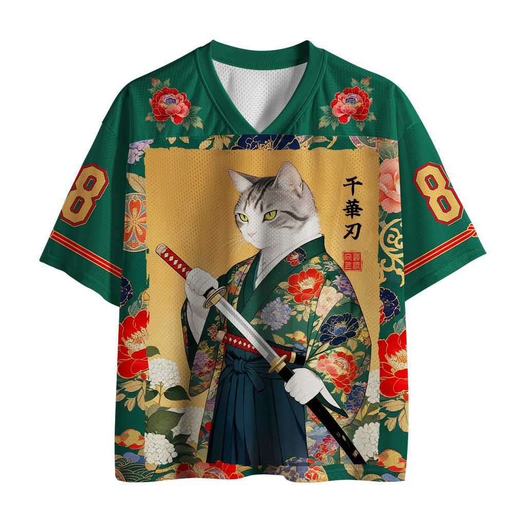 Kyoto-Lion Peony Flower Japanese Sword Samurai Cat Mesh Jersey