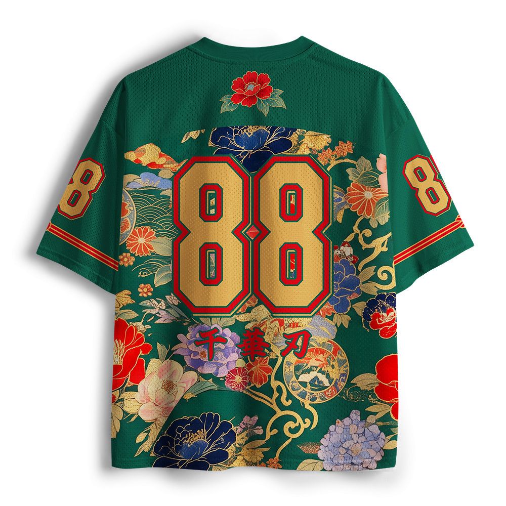 Kyoto-Lion Peony Flower Japanese Sword Samurai Cat Mesh Jersey
