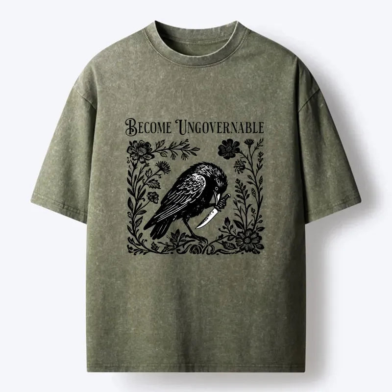 Kyoto-Lion Crow With Knife Floral Print Washed T-Shirt
