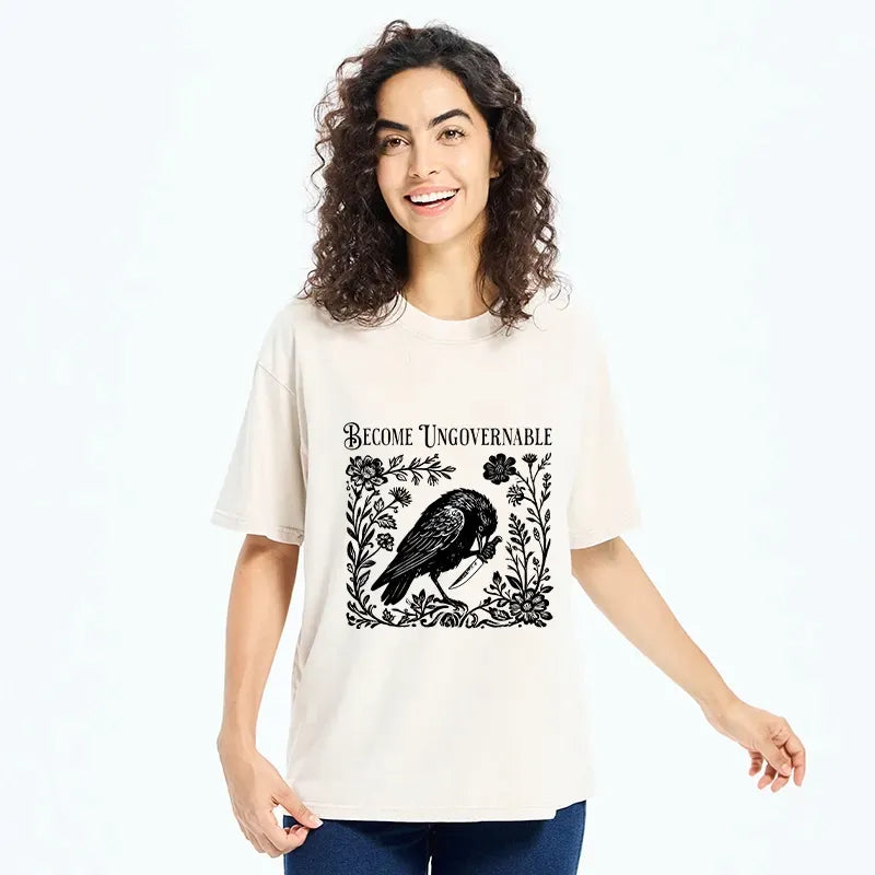 Kyoto-Lion Crow With Knife Floral Print Washed T-Shirt