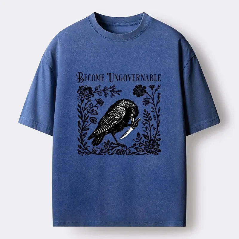 Kyoto-Lion Crow With Knife Floral Print Washed T-Shirt