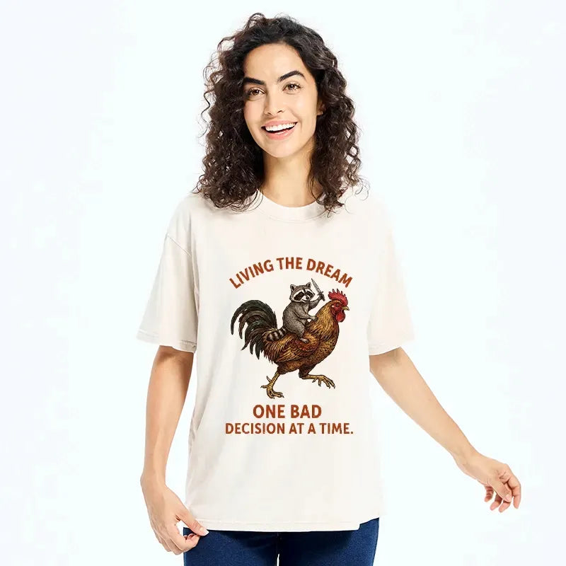 Kyoto-Lion Funny Raccoon Riding Rooster Washed T-Shirt