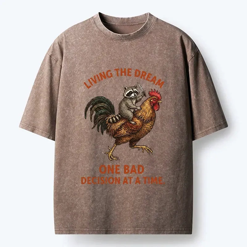 Kyoto-Lion Funny Raccoon Riding Rooster Washed T-Shirt
