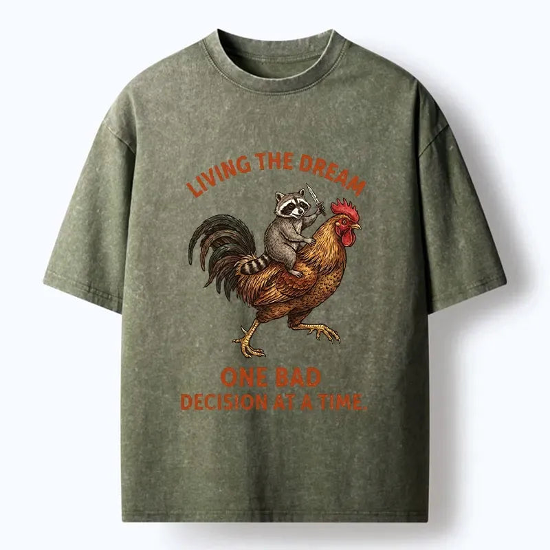 Kyoto-Lion Funny Raccoon Riding Rooster Washed T-Shirt