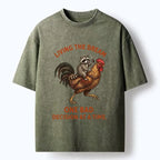 Kyoto-Lion Funny Raccoon Riding Rooster Washed T-Shirt