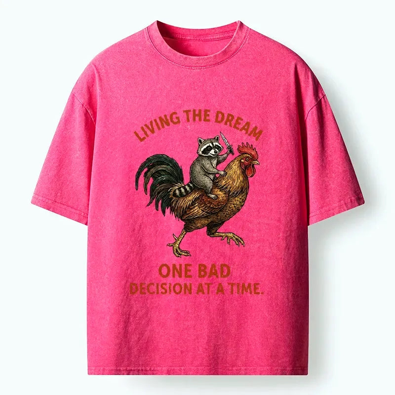 Kyoto-Lion Funny Raccoon Riding Rooster Washed T-Shirt