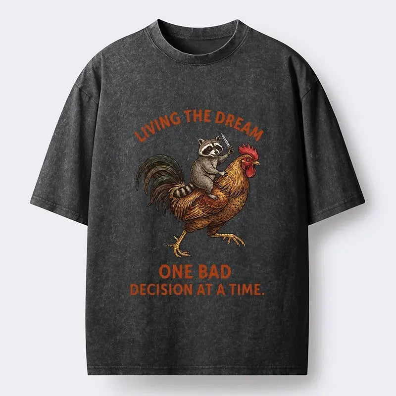 Kyoto-Lion Funny Raccoon Riding Rooster Washed T-Shirt