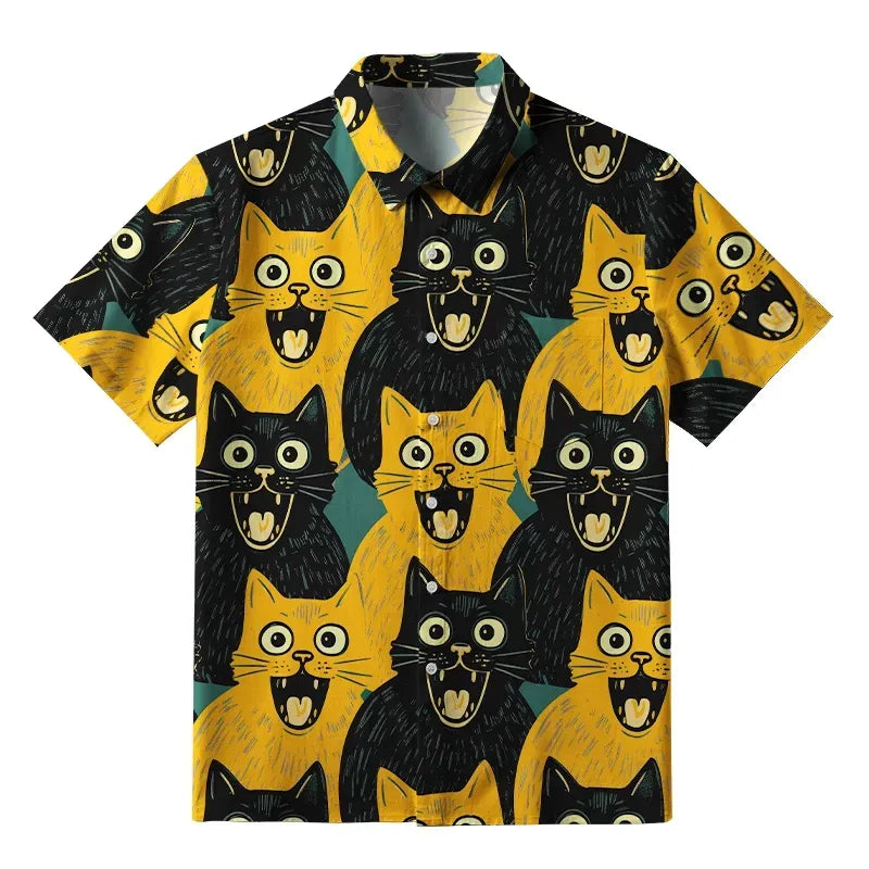 Kyoto-Lion Yellow Cat And Black Cat Button-up Shirt