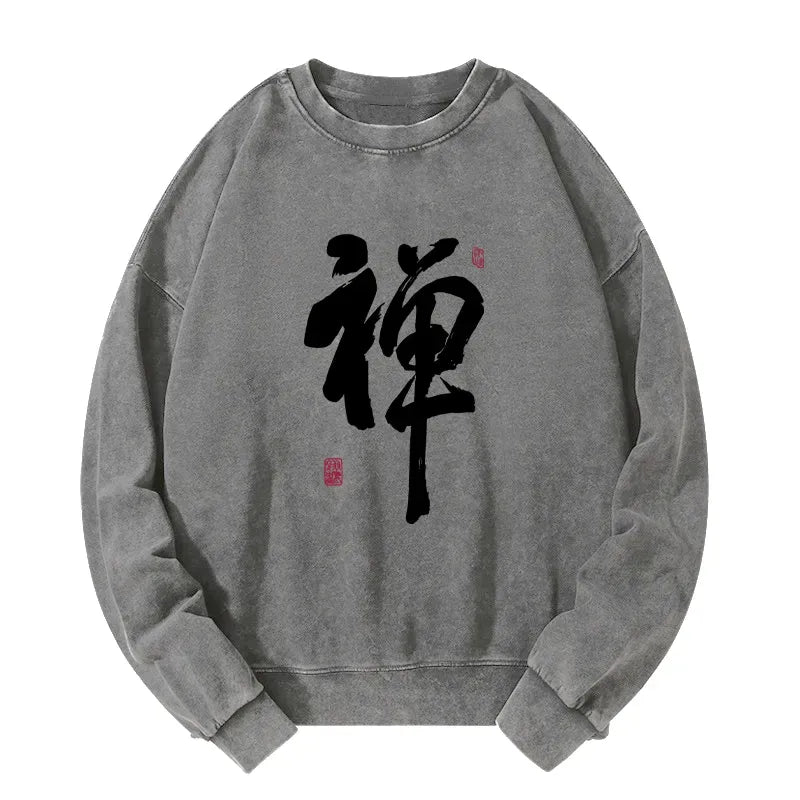 Japanese Zen Washed Sweatshirt for Streetwear