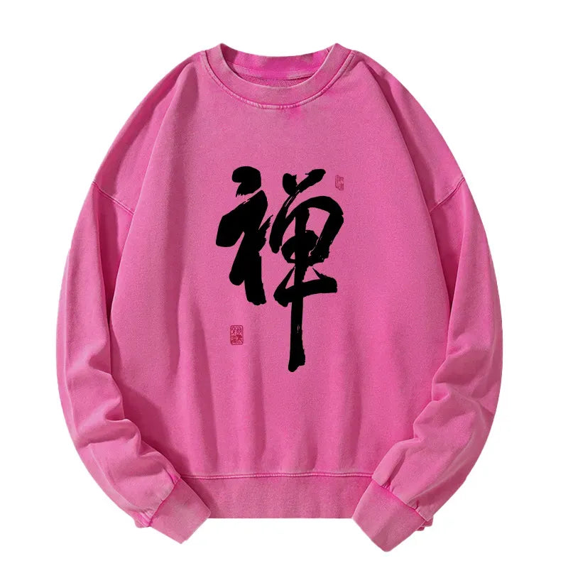Japanese Zen Washed Sweatshirt for Streetwear