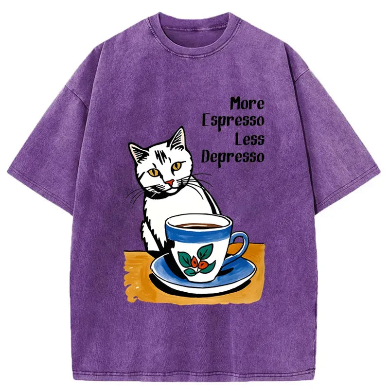 Kyoto-Lion Cute Cat Drinking Coffee Washed T-Shirt