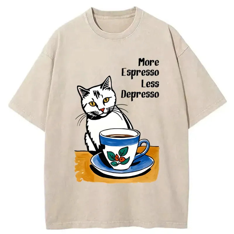 Washed Cat Coffee T-Shirt for Everyday Wear