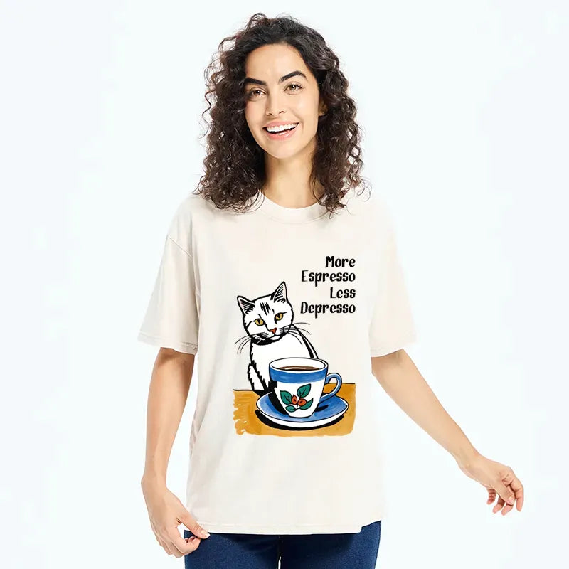 Washed Cat Coffee T-Shirt for Everyday Wear