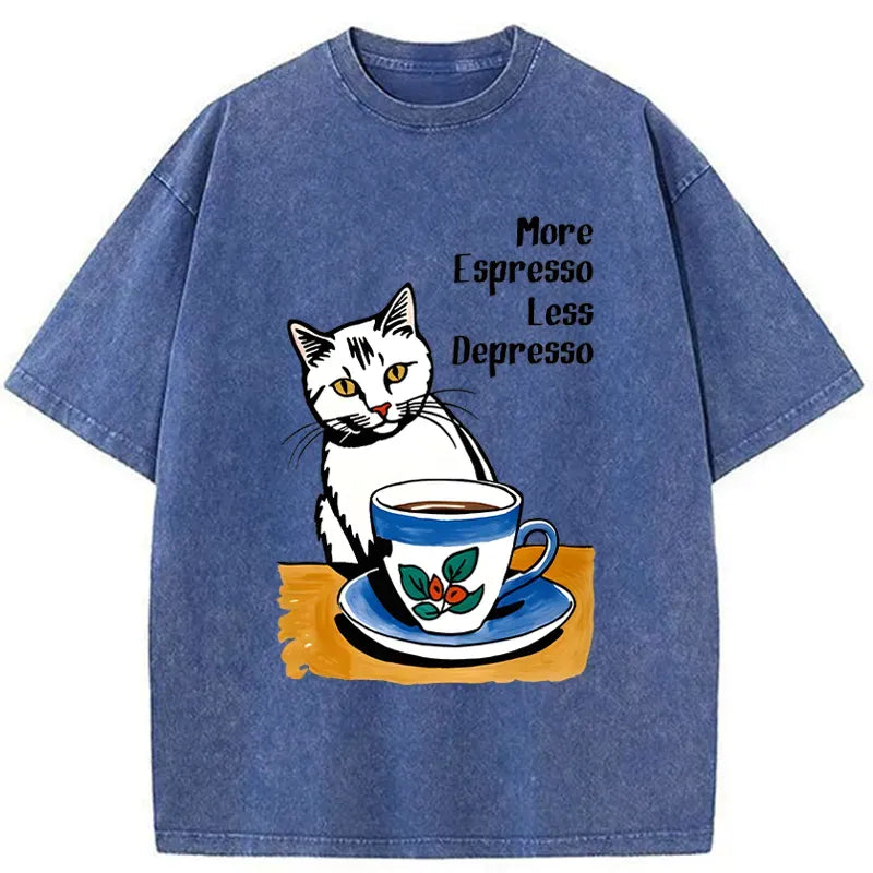 Kyoto-Lion Cute Cat Drinking Coffee Washed T-Shirt