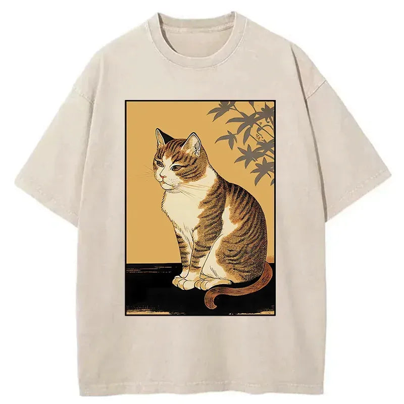 Cute Washed Cat Tee for Daily Wear