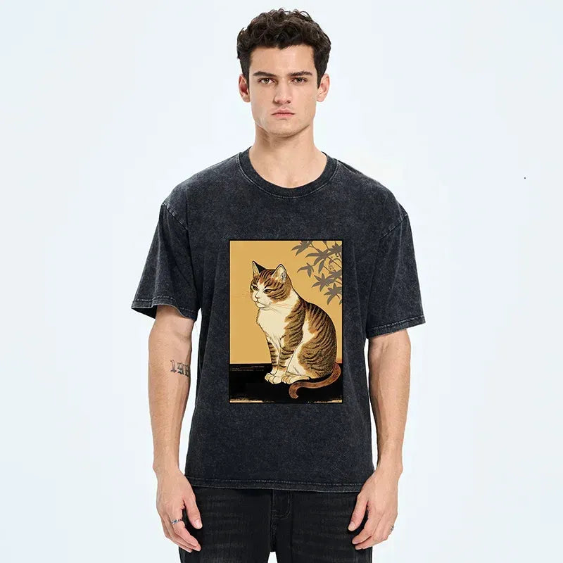 Cute Washed Cat Tee for Daily Wear