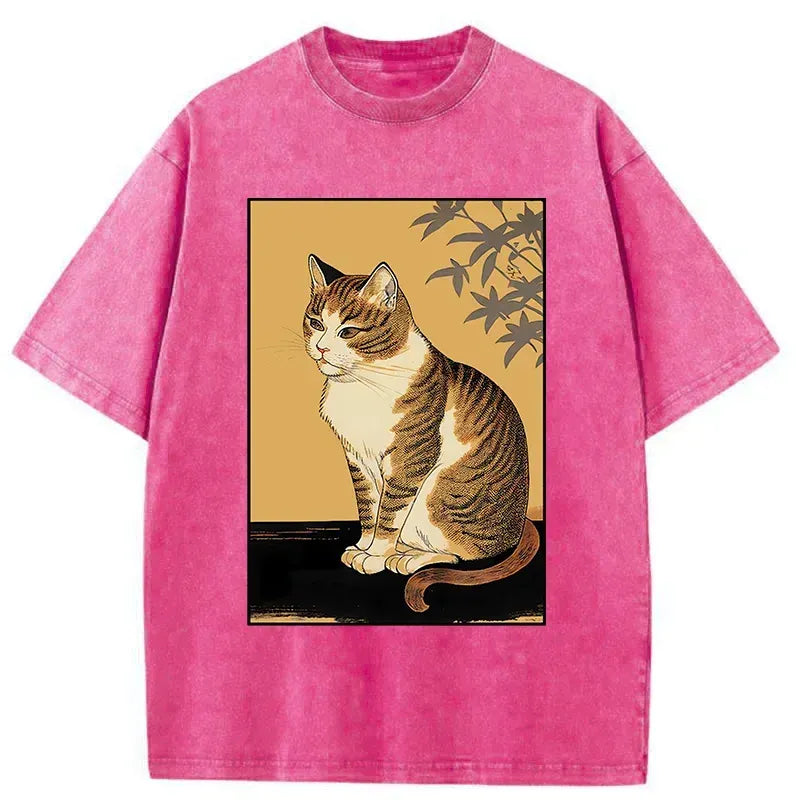 Kyoto-Lion Retro Japanese Cute Cat Washed T-Shirt