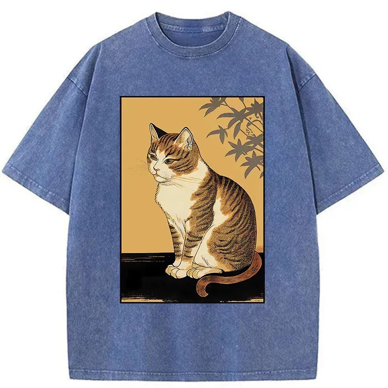 Cute Washed Cat Tee for Daily Wear