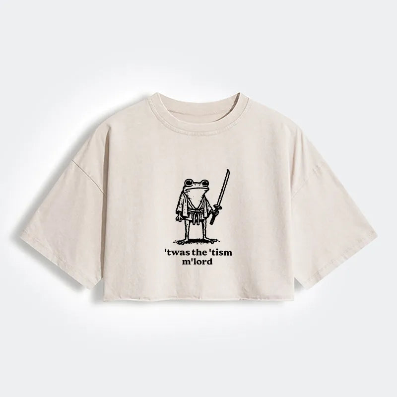 Kyoto-Lion Focused Samurai Frog Women's Washed Crop T-Shirt