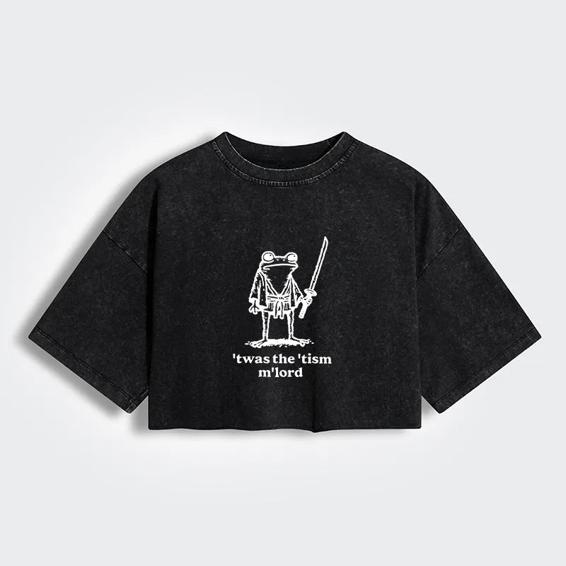 Kyoto-Lion Focused Samurai Frog Women's Washed Crop T-Shirt