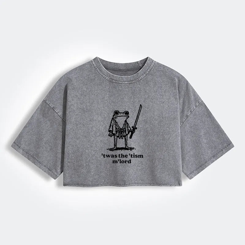 Kyoto-Lion Focused Samurai Frog Women's Washed Crop T-Shirt