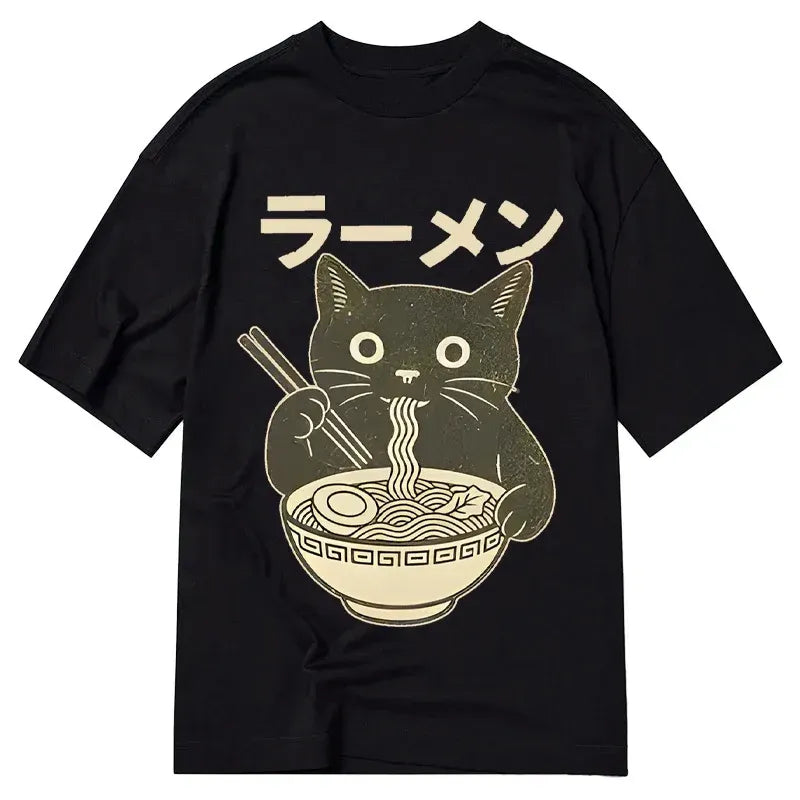 Funny Black Cat Eating Ramen Tee