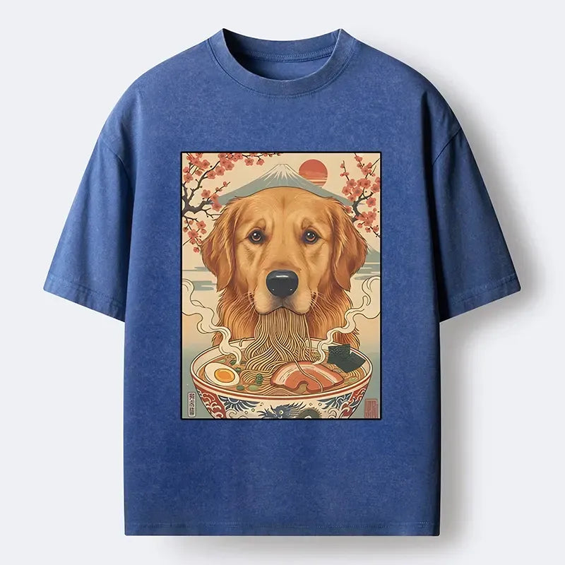 Funny Dog Ramen Ukiyo-e Washed Tee Gift Idea