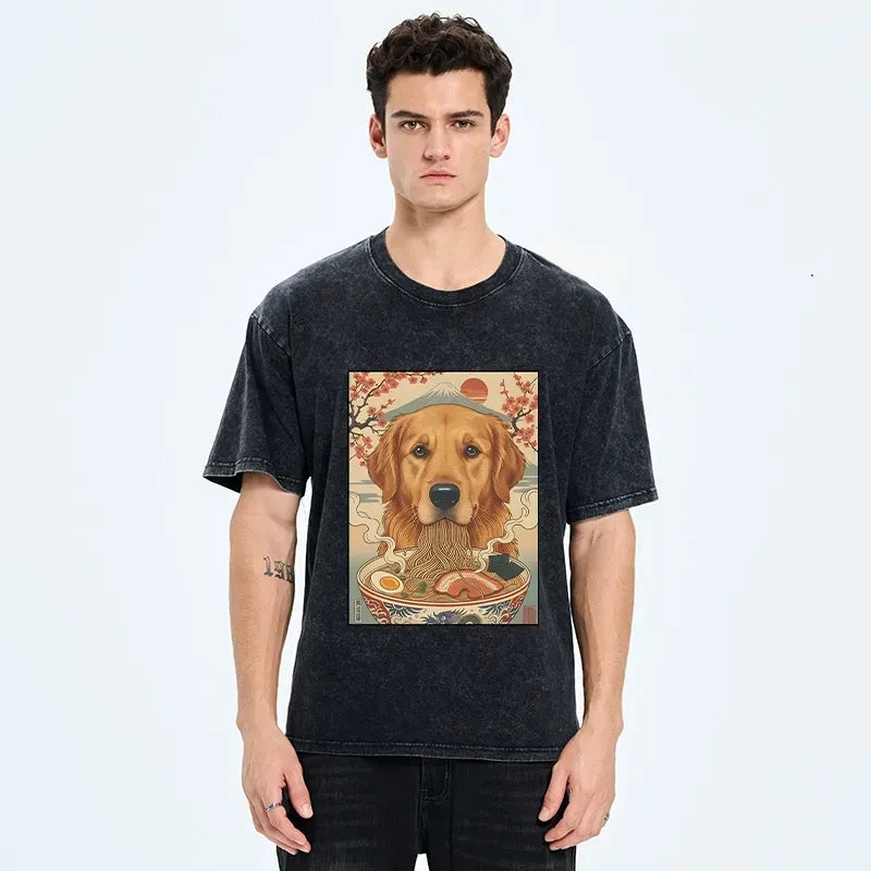 Funny Dog Ramen Ukiyo-e Washed Tee Gift Idea