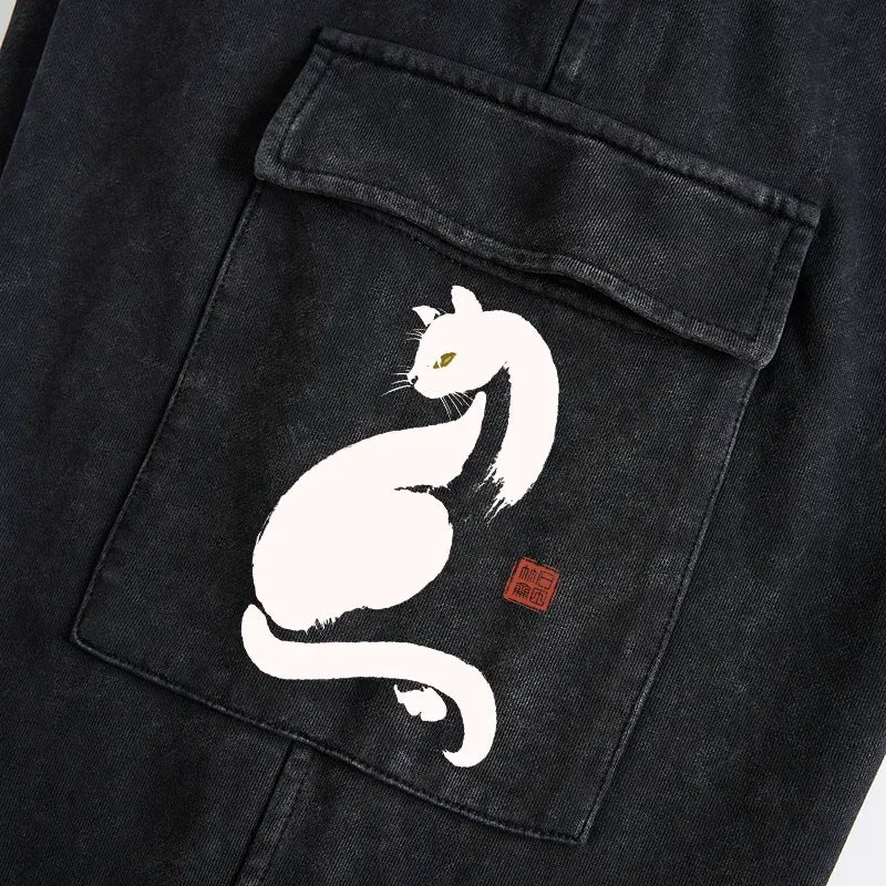 Kyoto-Lion Elegant Black Cat Japan Washed Utility Sweatpants