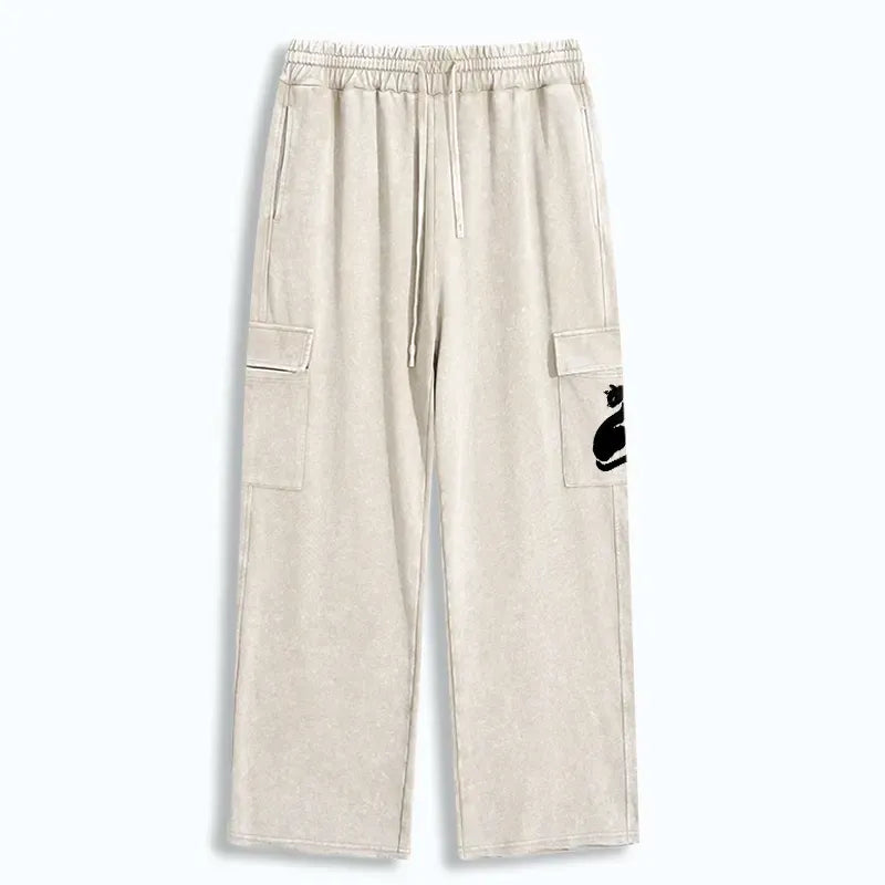 Kyoto-Lion Elegant Black Cat Japan Washed Utility Sweatpants