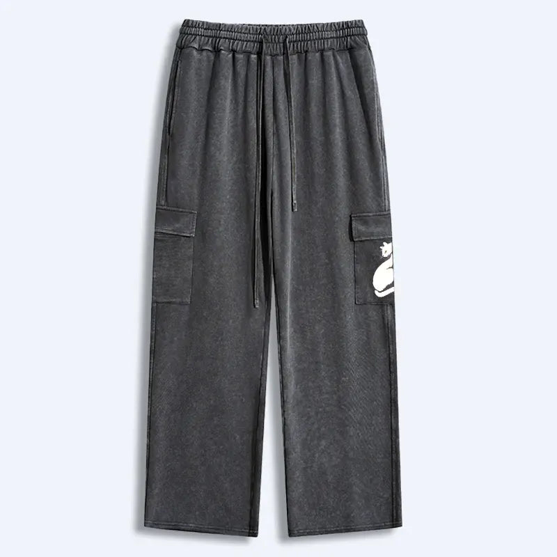 Kyoto-Lion Elegant Black Cat Japan Washed Utility Sweatpants