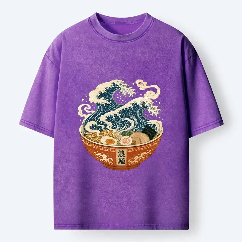 Kyoto-Lion Ramen Bowl Holds Giant Ocean Wave Graphic Washed T-Shirt