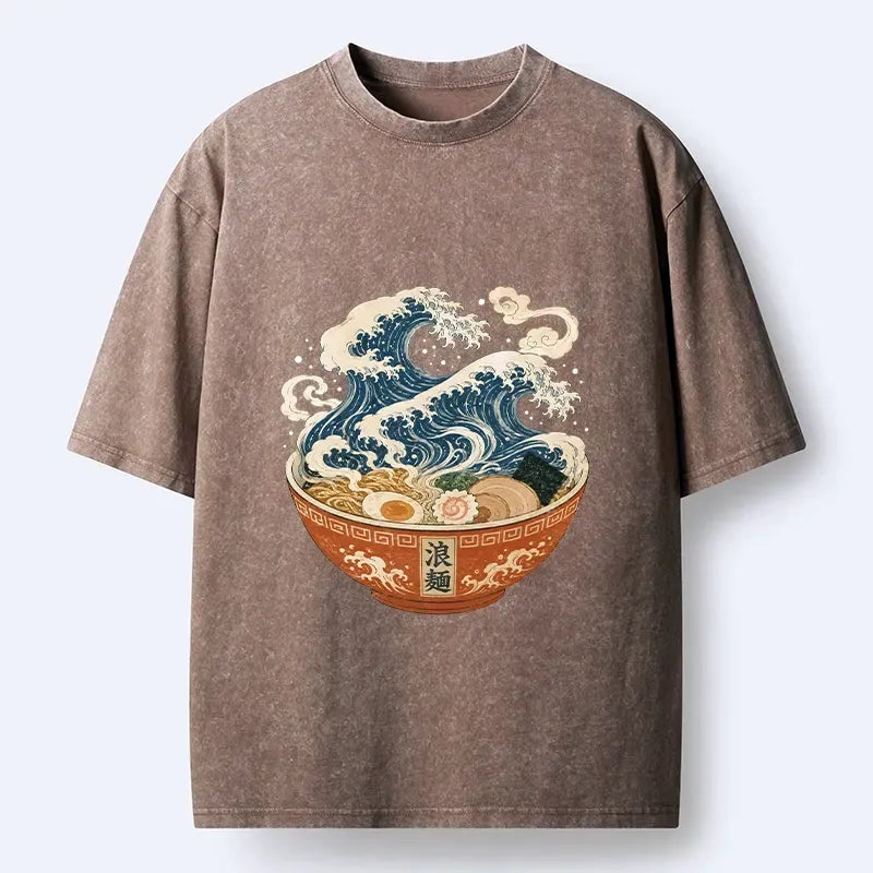 Kyoto-Lion Ramen Bowl Holds Giant Ocean Wave Graphic Washed T-Shirt