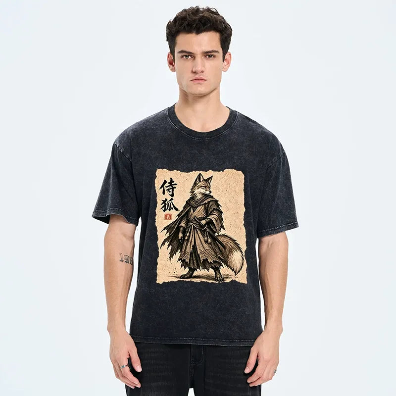 Kyoto-Lion Vintage Samurai Fox Art Washed T-Shirt
