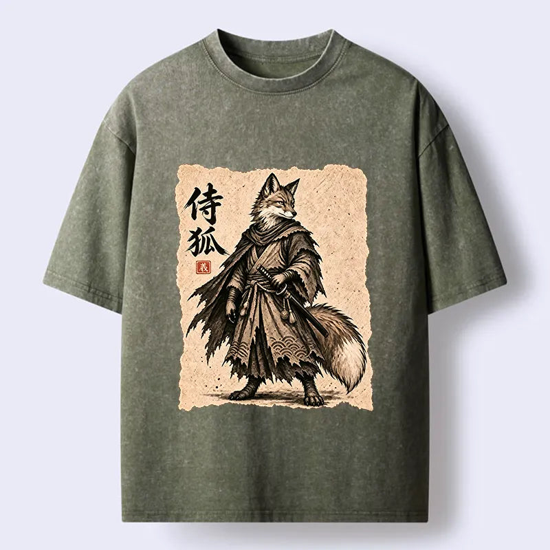 Kyoto-Lion Vintage Samurai Fox Art Washed T-Shirt