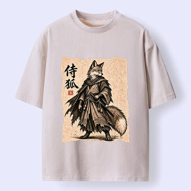 Kyoto-Lion Vintage Samurai Fox Art Washed T-Shirt