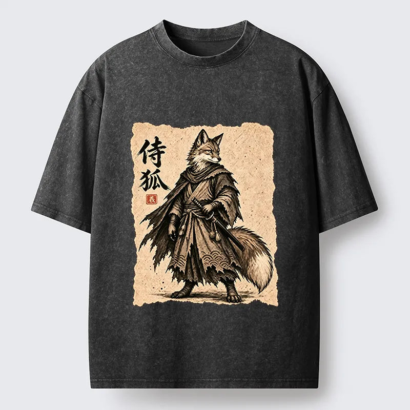 Kyoto-Lion Vintage Samurai Fox Art Washed T-Shirt