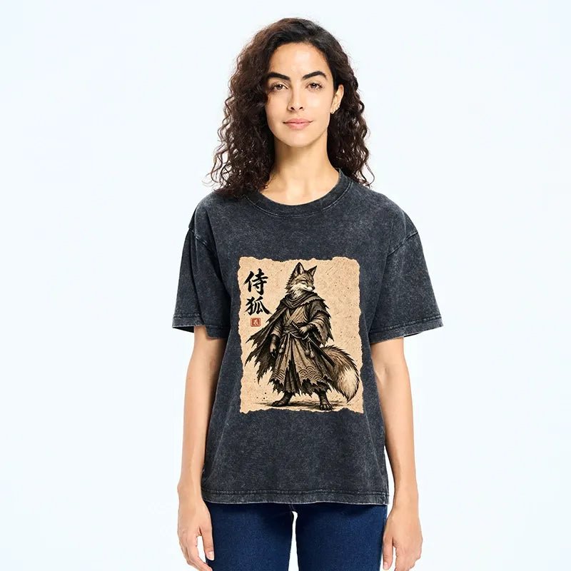 Kyoto-Lion Vintage Samurai Fox Art Washed T-Shirt