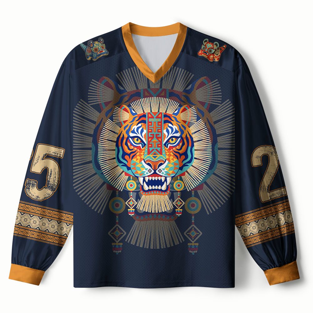 Kyoto-Lion Tribal Folk Art Colorful Tiger Paneled Long Sleeve Jersey