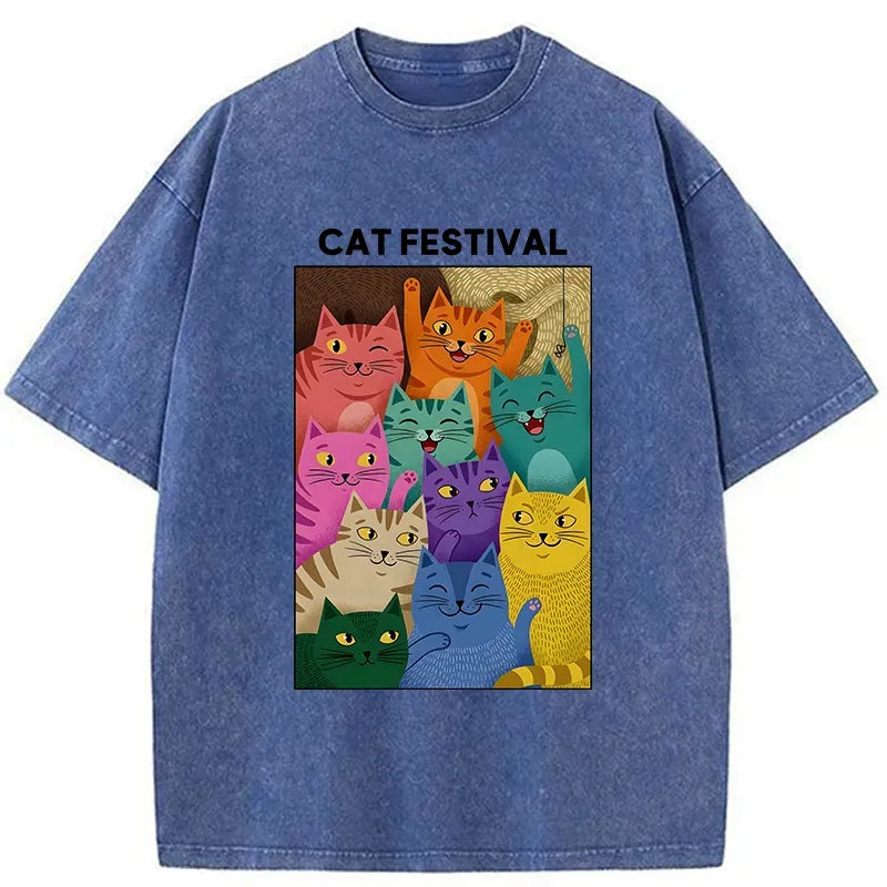 Kyoto-Lion Colorful Cats Festival Washed T-Shirt