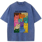 Kyoto-Lion Colorful Cats Festival Washed T-Shirt