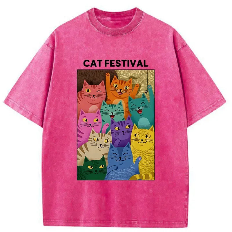 Kyoto-Lion Colorful Cats Festival Washed T-Shirt