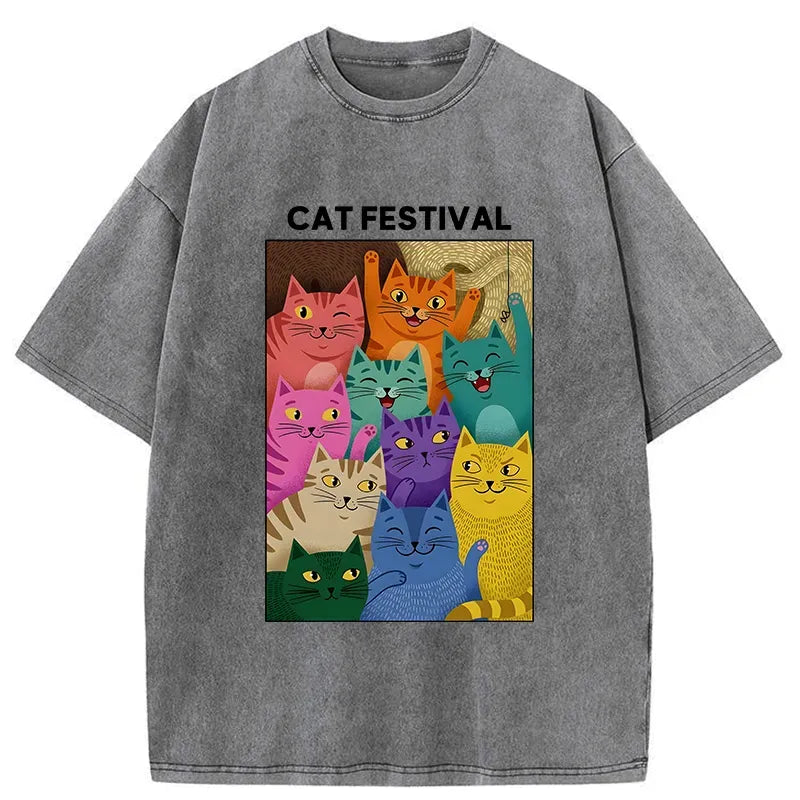 Kyoto-Lion Colorful Cats Festival Washed T-Shirt