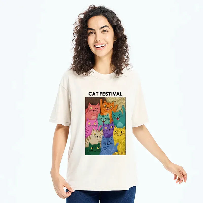 Kyoto-Lion Colorful Cats Festival Washed T-Shirt
