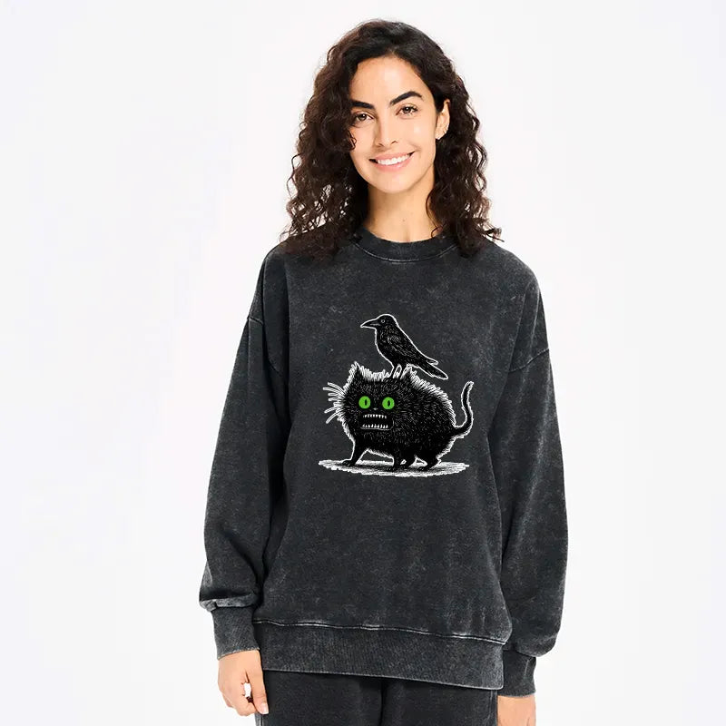 Kyoto-Lion Crow And Black Cat Washed Sweatshirt