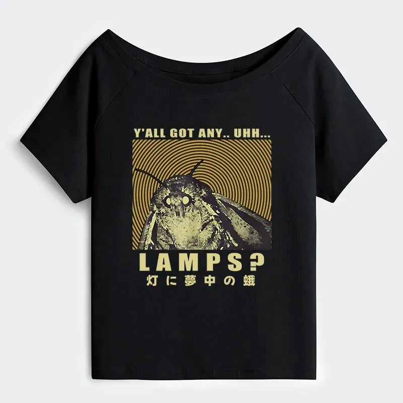 Kyoto-Lion Moth Obsessed With The Light Off Shoulder T-Shirt