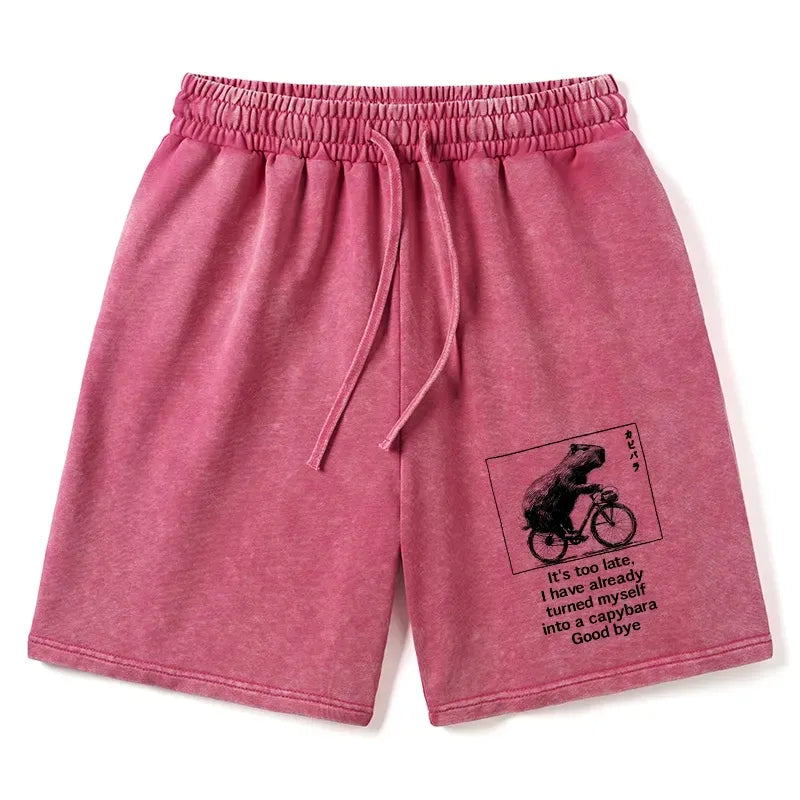 Kyoto-Lion Funny Capybara Riding A Bicycle Washed Shorts
