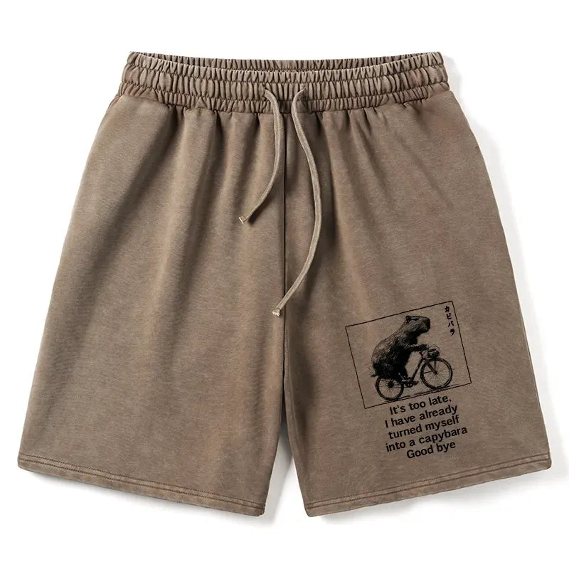 Kyoto-Lion Funny Capybara Riding A Bicycle Washed Shorts